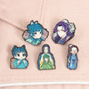 A collection of cute anime character brooches featuring various female characters with colorful hair and traditional clothing