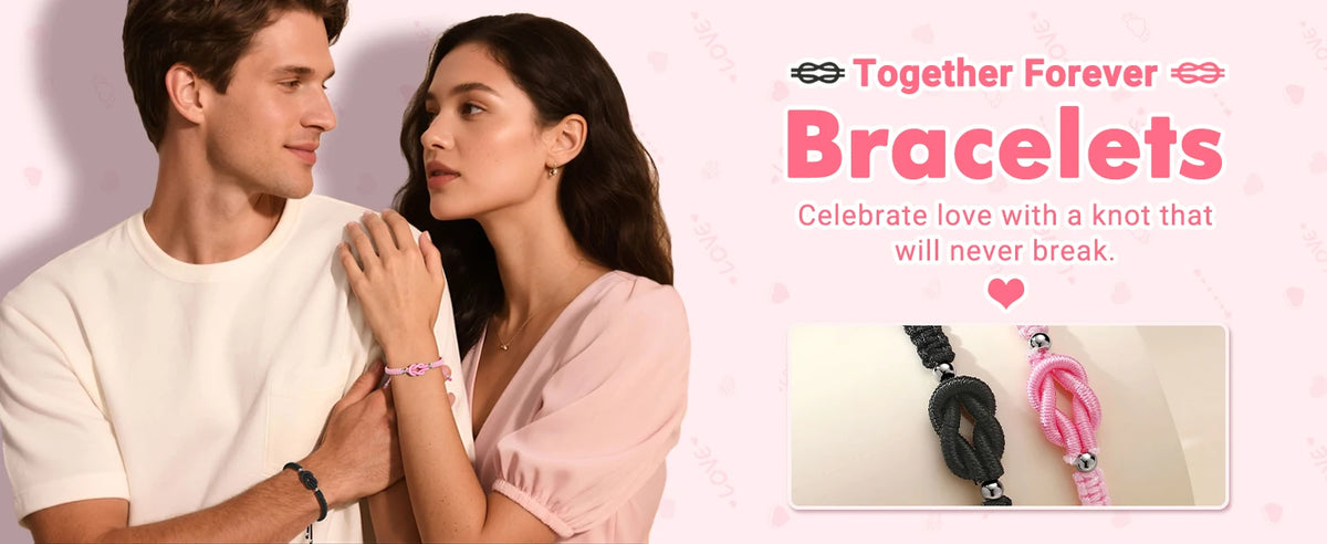 A couple models pinky promise love knot bracelets for couples.