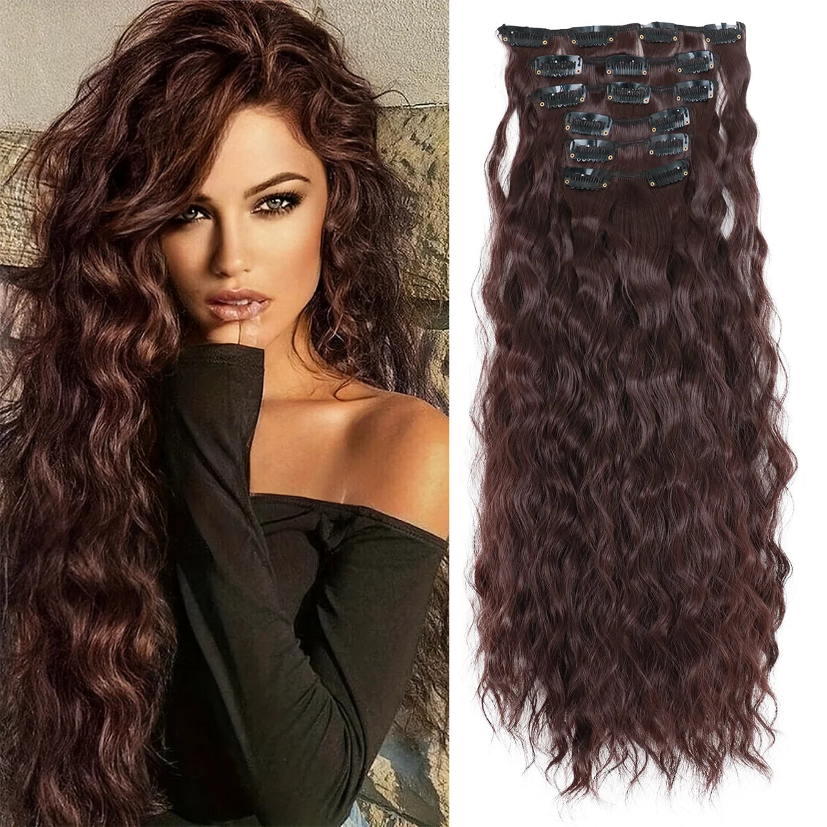 Long dark brown curly hair extensions with 16 clips for wavy style