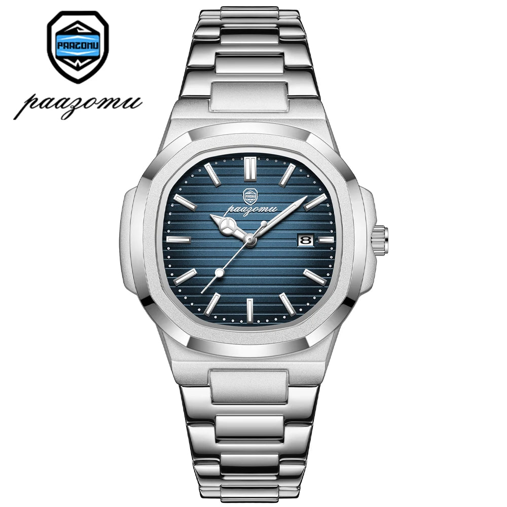 A silver-toned men's luxury quartz wristwatch with a dark blue dial and stainless steel bracelet.
