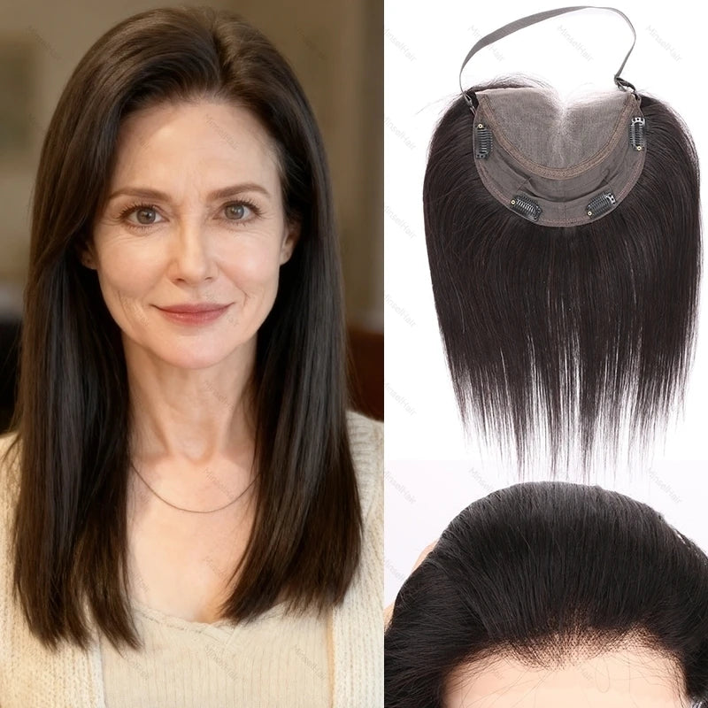 A woman modeling a dark brown wig next to a lace front hair topper for high foreheads.