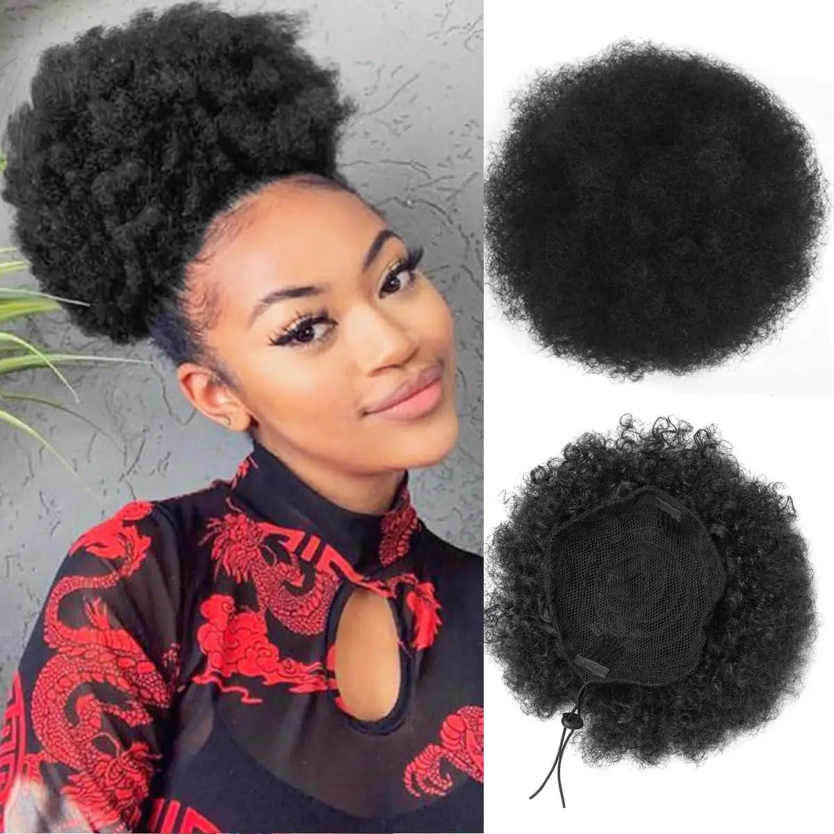 A woman shows off an afro puff drawstring ponytail hairstyle with a red and black patterned top.