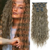 Long, wavy brown synthetic hair extensions with 16 clips, 22 inches in length.