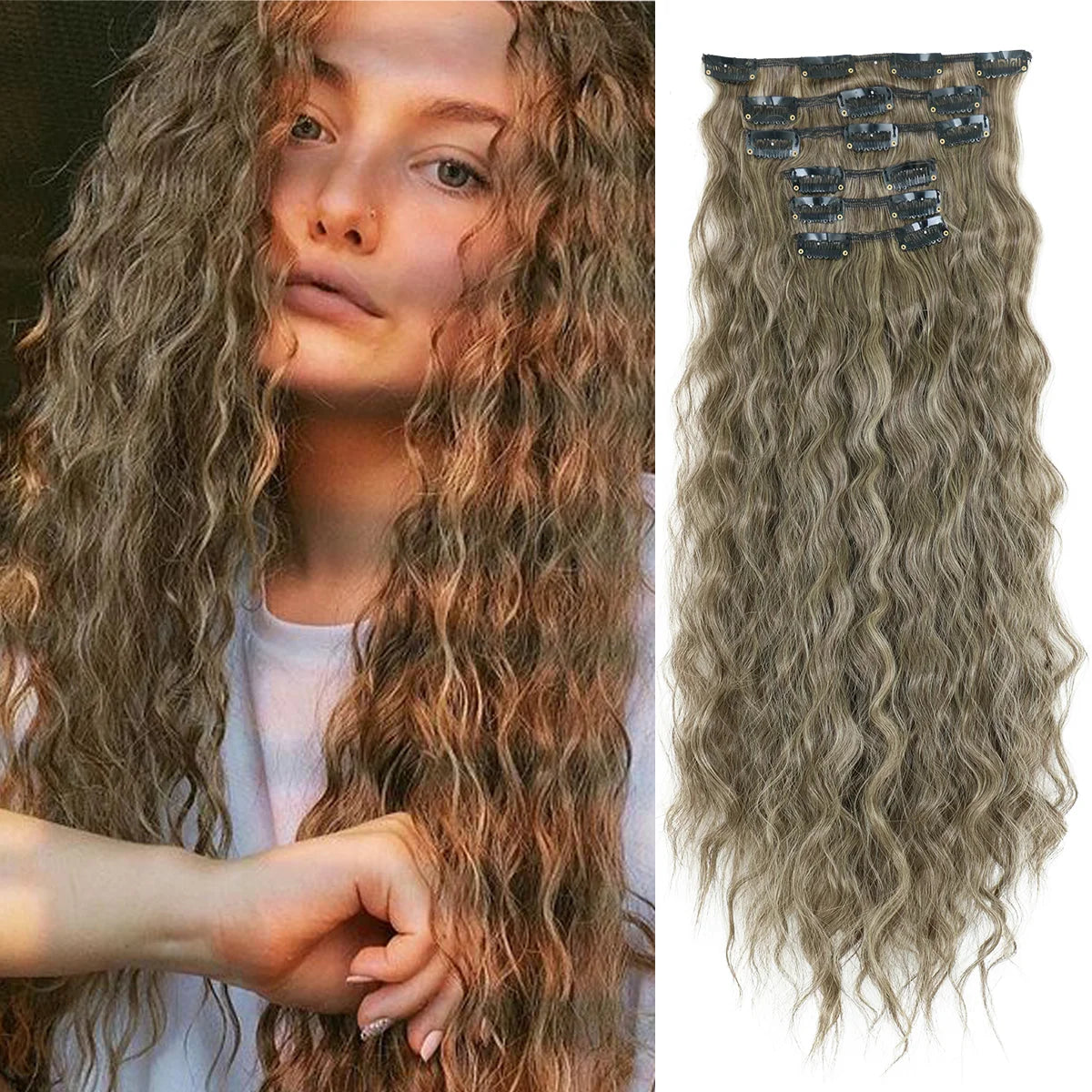 Long, wavy brown synthetic hair extensions with 16 clips, 22 inches in length.