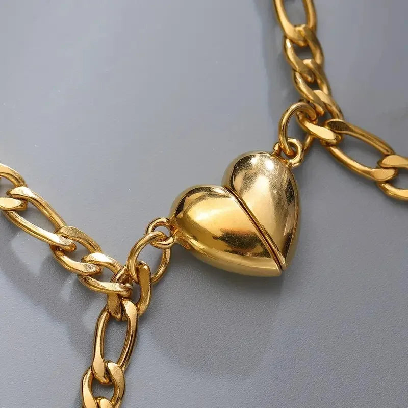 Gold stainless steel heart magnetic bracelet set for couples