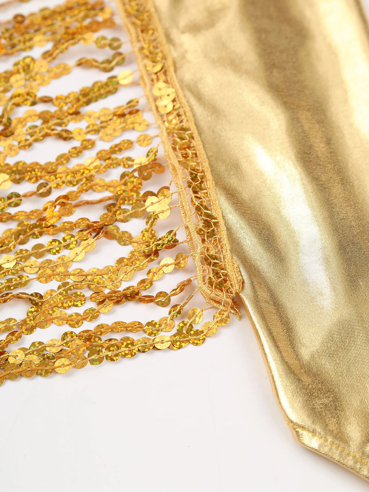 Goldene Pailletten-Metallic-Handschuhe mit Goldfransen-Detail
