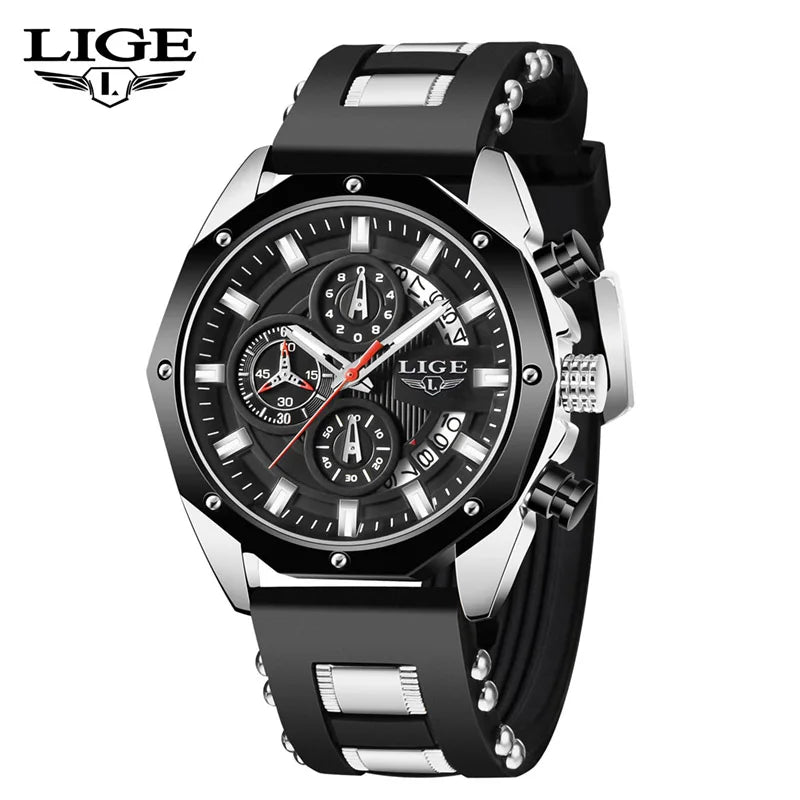 A black and silver men's luxury quartz sport watch with a chronograph display on a wrist.