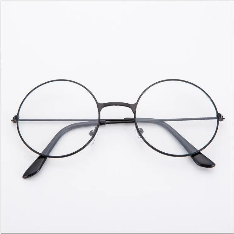 Un par de gafas redondas de metal negro anti-luz azul vistas desde el frente.