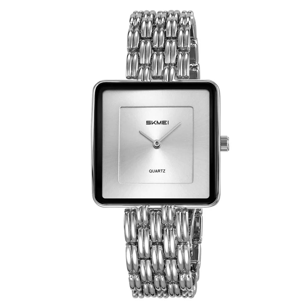 A silver-toned minimalist quartz wristwatch with a metal link bracelet and a square face.