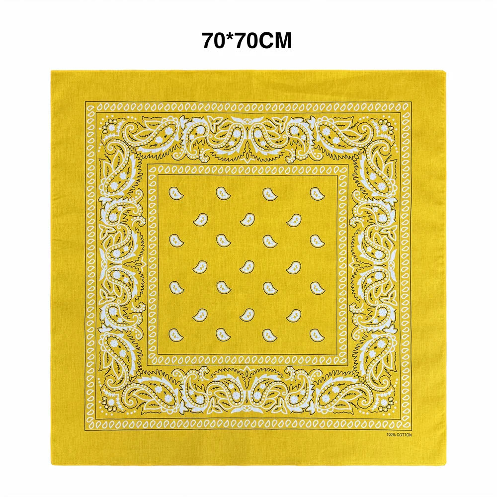 Yellow cotton square scarf with white paisley print and ornate border