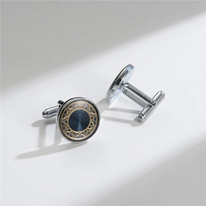 Elegant copper cufflinks featuring a dark blue enamel centerpiece and silver-toned metal findings.