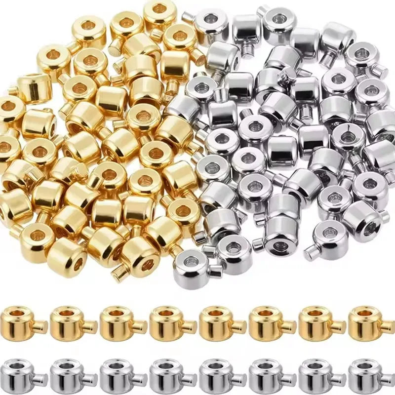 A collection of gold and silver jewelry findings stoppers and spacers for connectors.