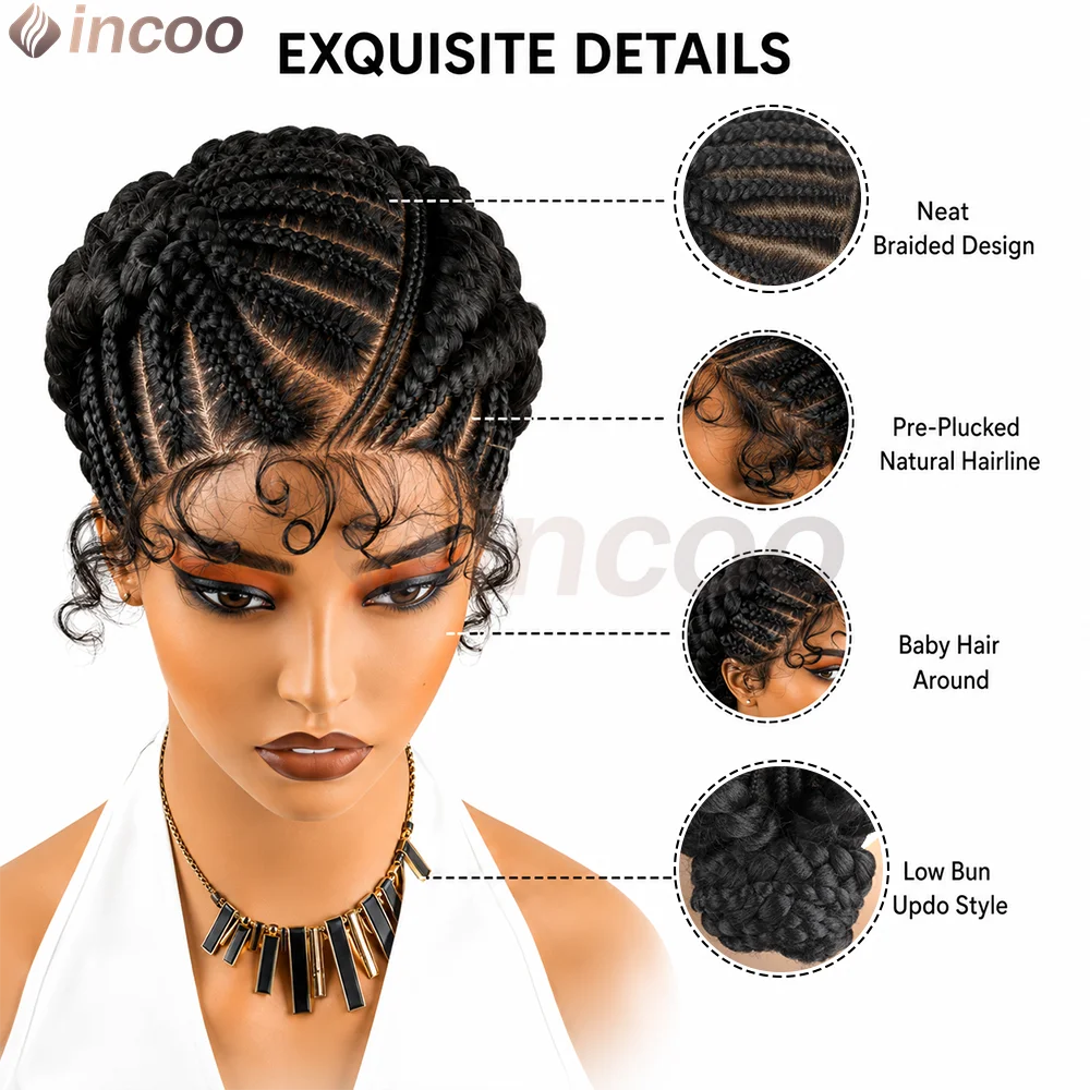 Close-up of a woman wearing a black braided hairstyle with detailed features and a gold necklace.