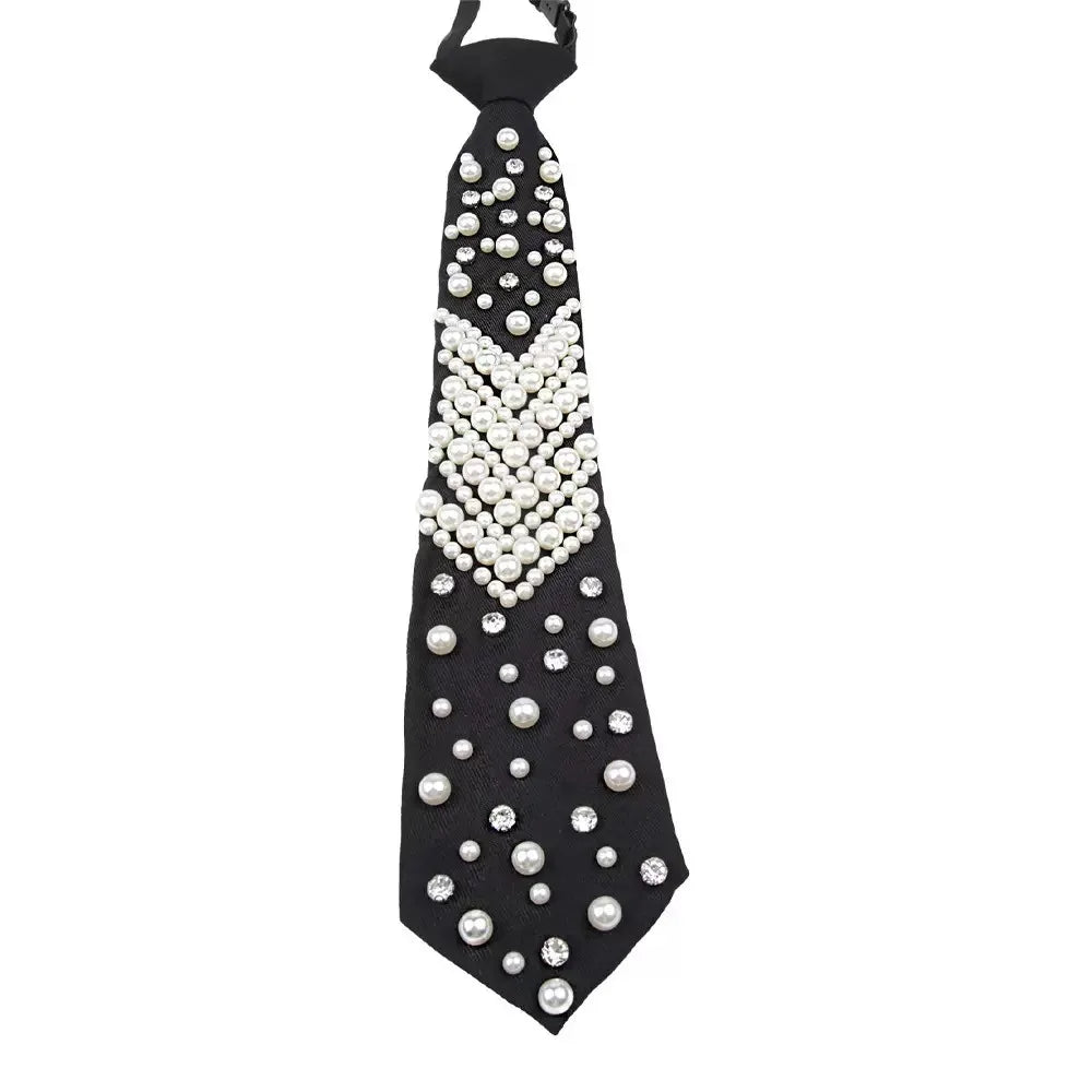 Elegant black tie adorned with white pearls and rhinestones for academic or daily wear