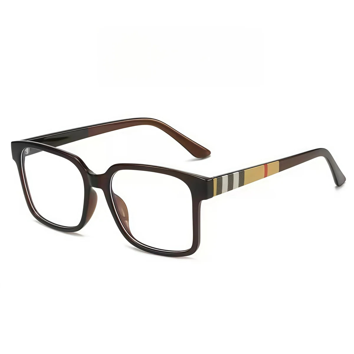 Lunettes rétro à monture marron avec détail rayé, sur fond blanc.