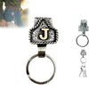Silver letter J pendant on a belt keychain with a textured design