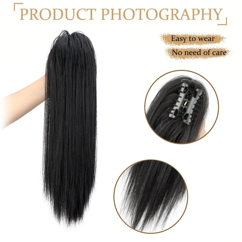 Black 18-inch synthetic straight hair extension shown with a claw clip and loose strands.