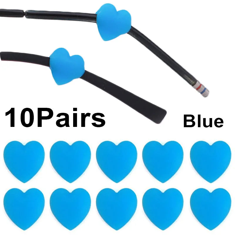 Ten pairs of blue anti-slip silicone eyeglass ear hooks shown with individual hooks.