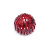 A close-up of a red glossy horsetail hair clip coiled into a spiral shape.
