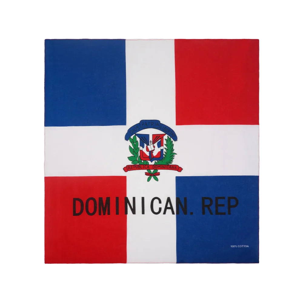 Rechteckiges Bandana mit der Flagge der Dominikanischen Republik und einem zentralen Emblem.