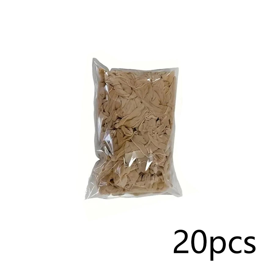 A clear plastic bag containing 20 pieces of light brown hair nets for wig caps.