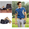 A man wearing a blue tactical shirt and light pants holds a black canvas utility belt.