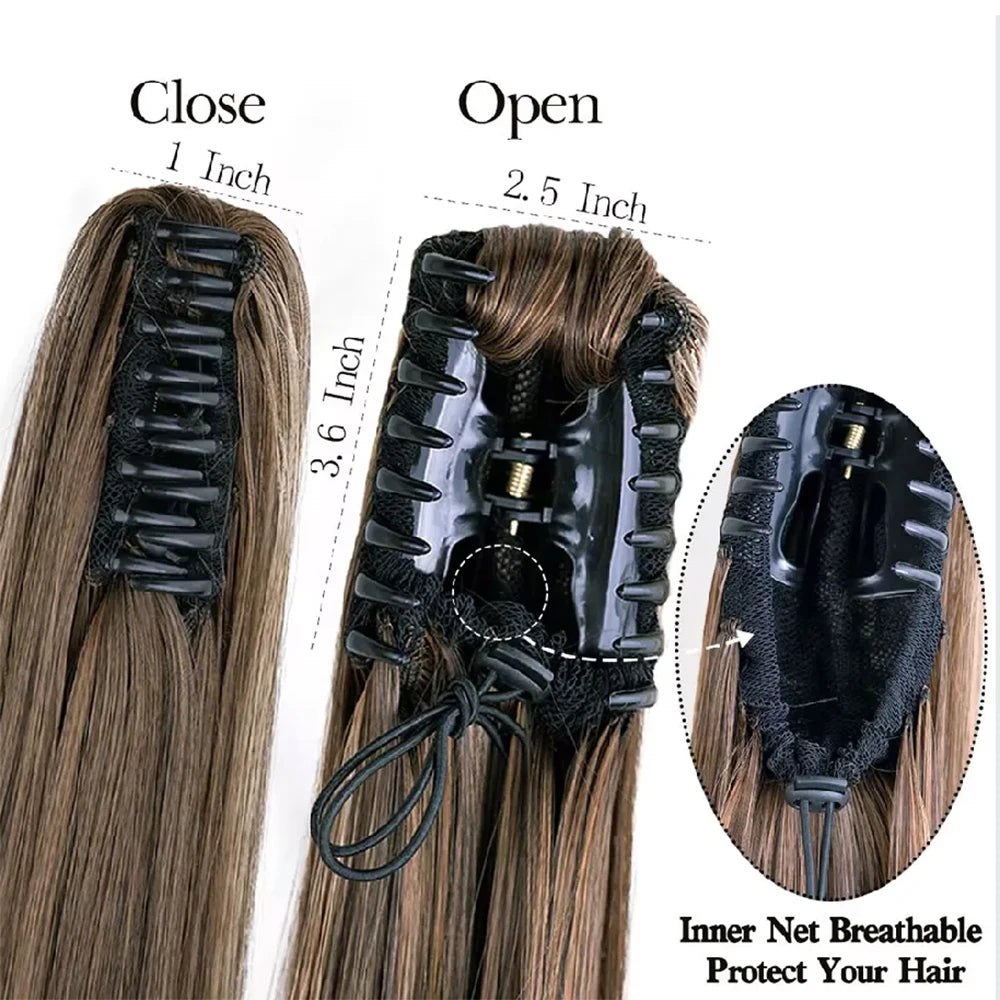 Black hair extensions with a net for protection shown in close and open views
