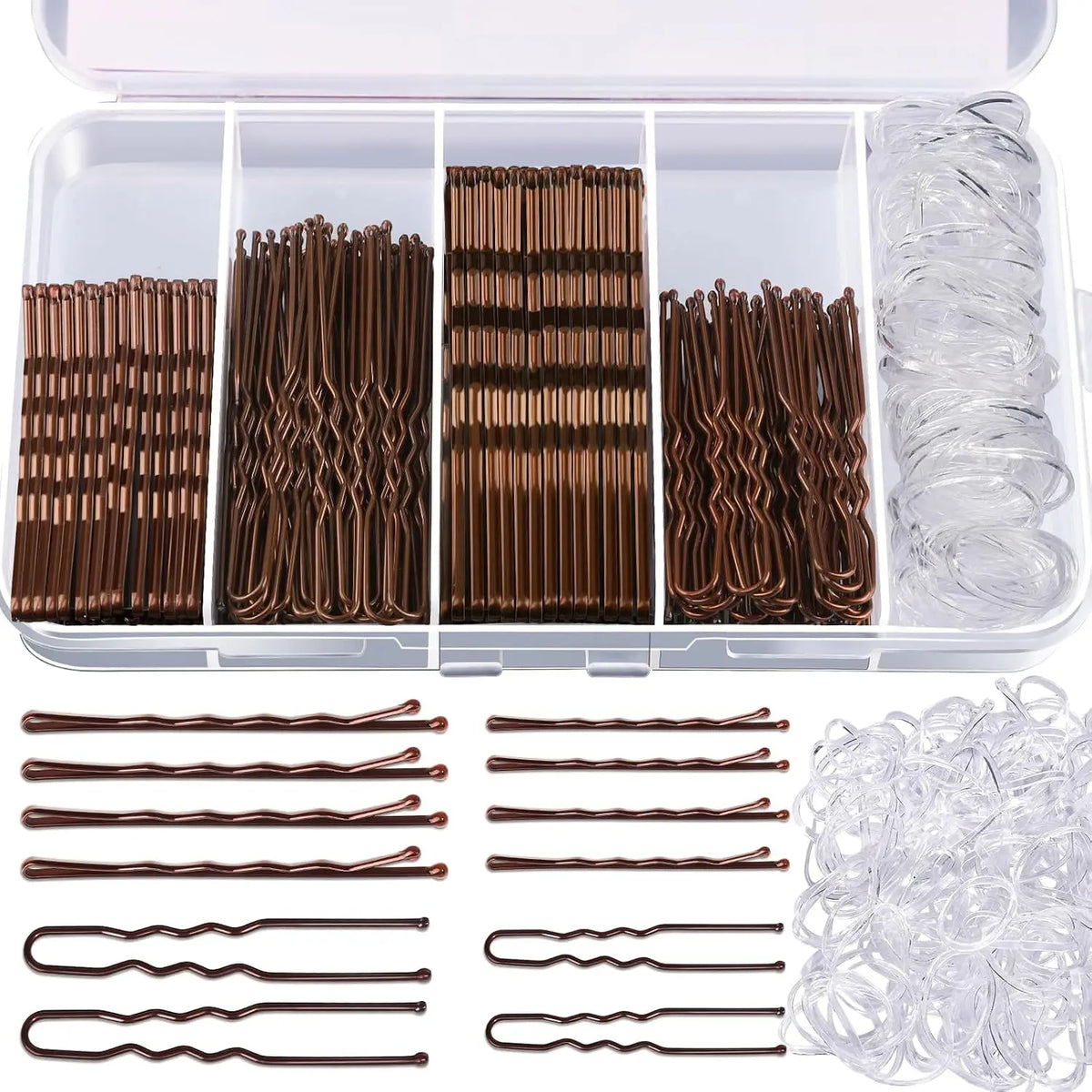 A set of brown hair and clear bobby pins displayed in an open plastic container with loose pins outside.