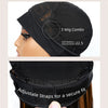 View of inner wig cap showing 3 wig combs and adjustable straps for a secure fit on a black headband wig.