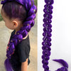 Purple synthetic braided ponytail for a girl shown in a close-up and full length view.
