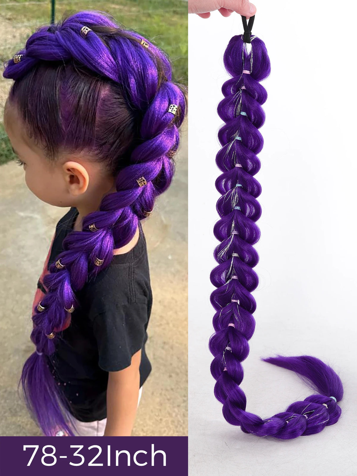 Purple synthetic braided ponytail for a girl shown in a close-up and full length view.