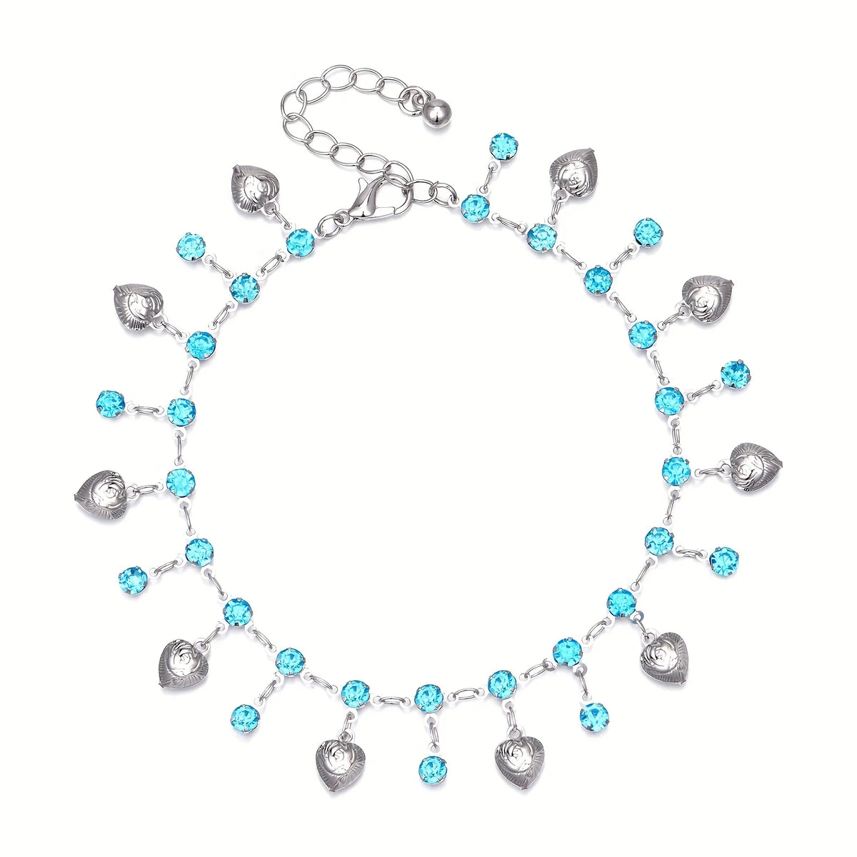 Stainless steel anklet featuring multiple blue rhinestone pendants.