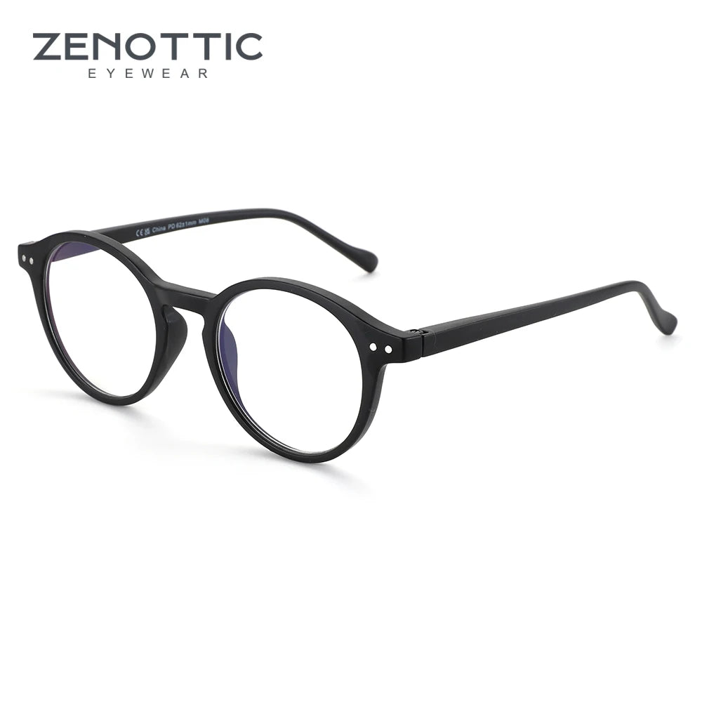 A pair of black anti-blue light reading glasses shown against a white background.