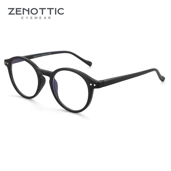 A pair of black anti-blue light reading glasses shown against a white background.