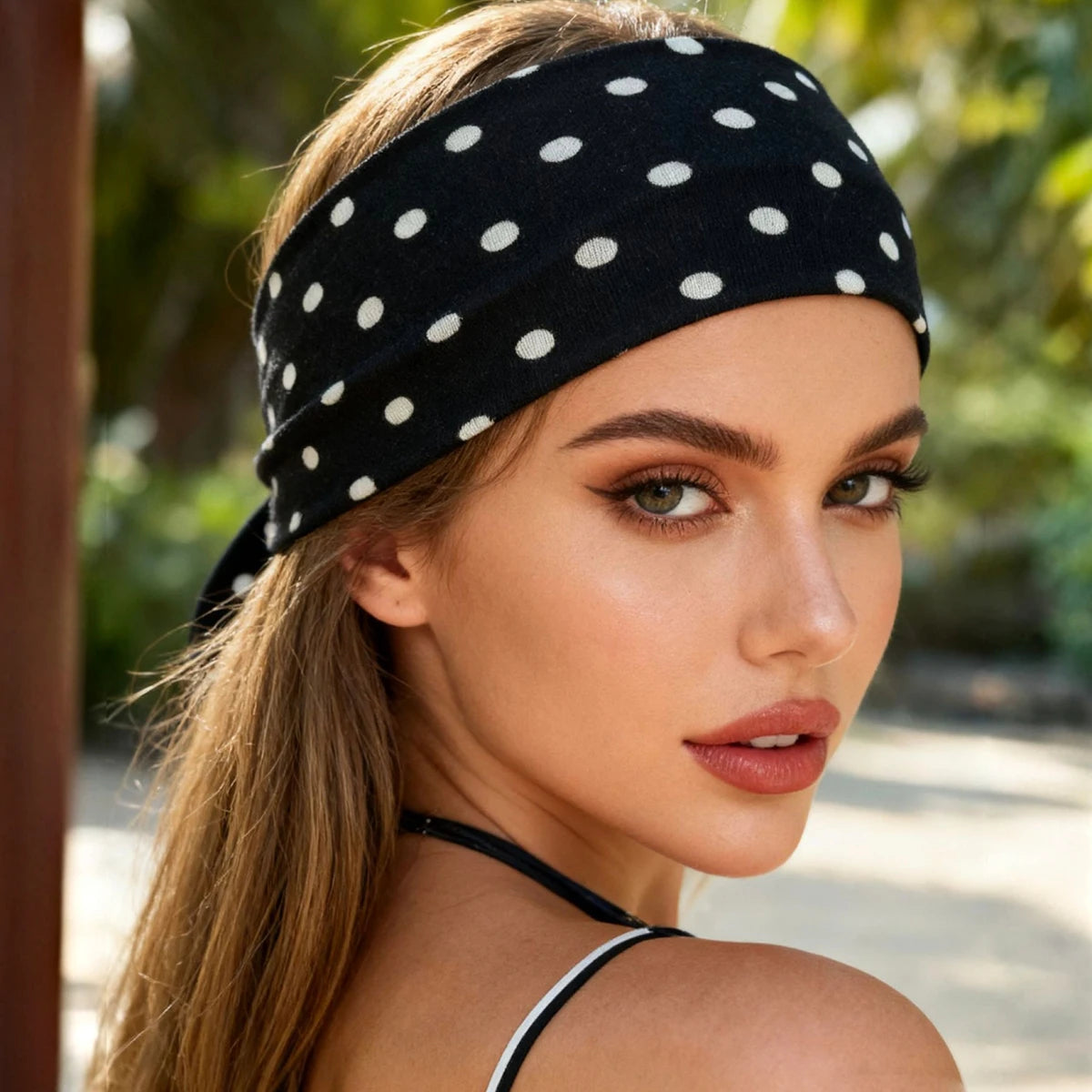 Une femme portant un bandeau de sport à pois noirs et un haut à bretelles blanc, en extérieur.