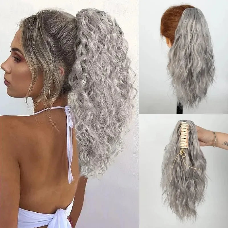 Extensiones de cabello castaño rizado peinado en cola de caballo alta con pinza y cordón