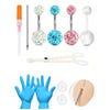 A set of 14G stainless steel belly button piercing jewelry including various colored and glittered studs and a piercing tool.