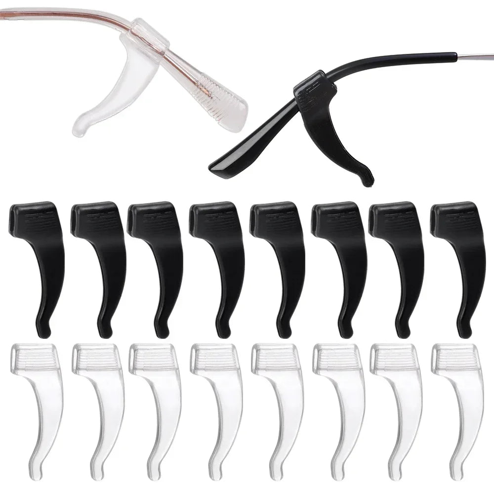 A set of black silicone anti-slip ear hooks for eyeglasses, shown in various angles.