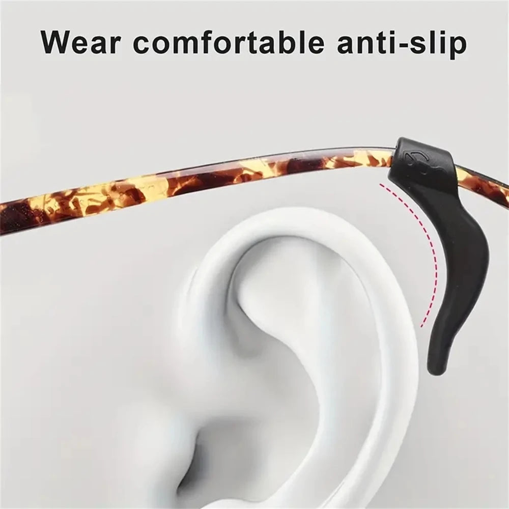 Silicone anti-slip ear hooks designed to secure eyeglasses on the ear.