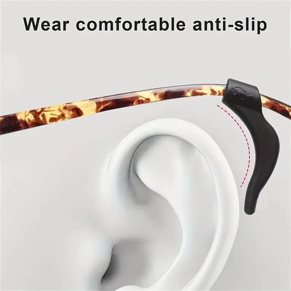 Silicone anti-slip ear hooks designed to secure eyeglasses on the ear.