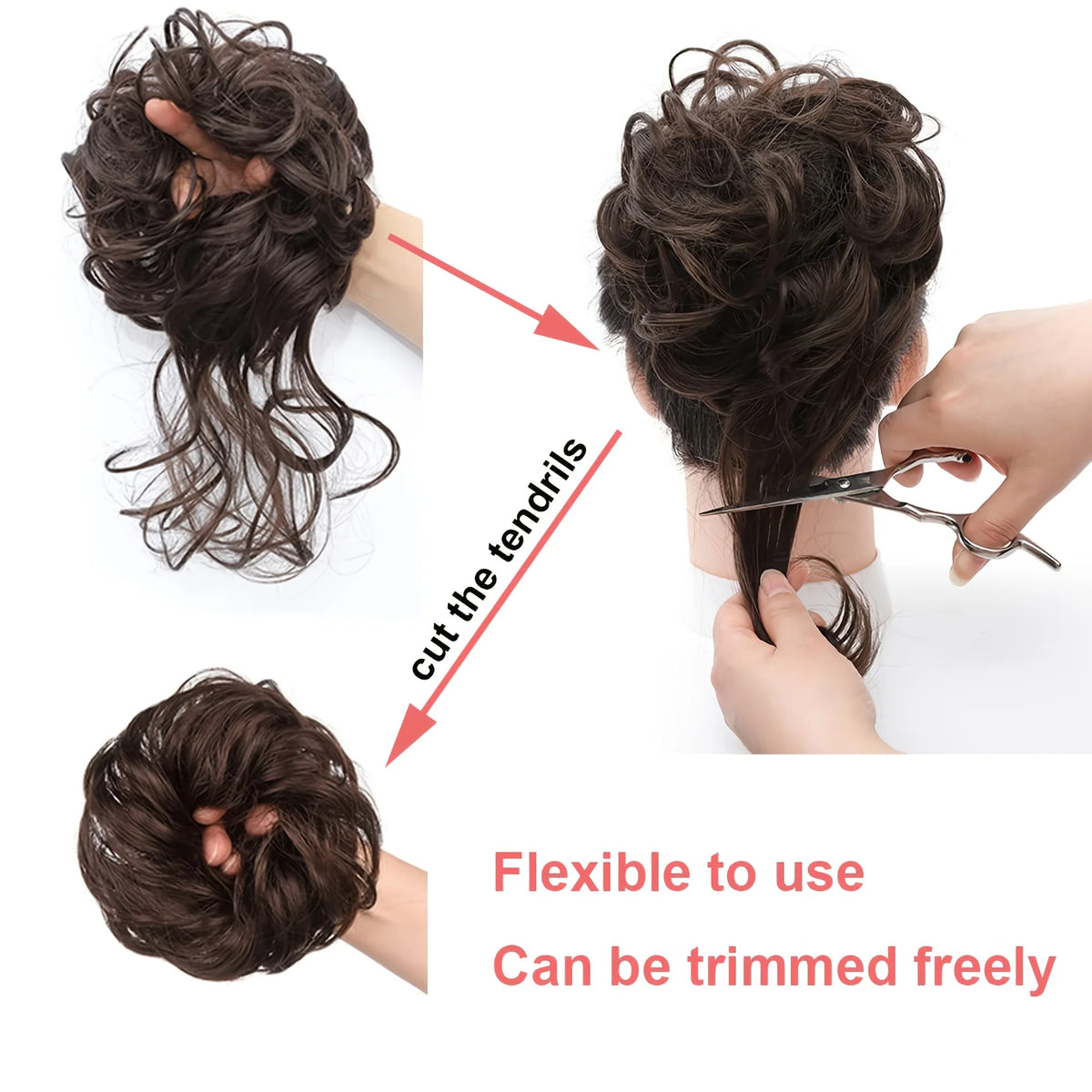 Demonstration of cutting tendrils on dark hair for flexible use and free trimming.