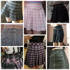 Colección de mujeres usando cinturones de cadena metálica de moda en faldas y pantalones.