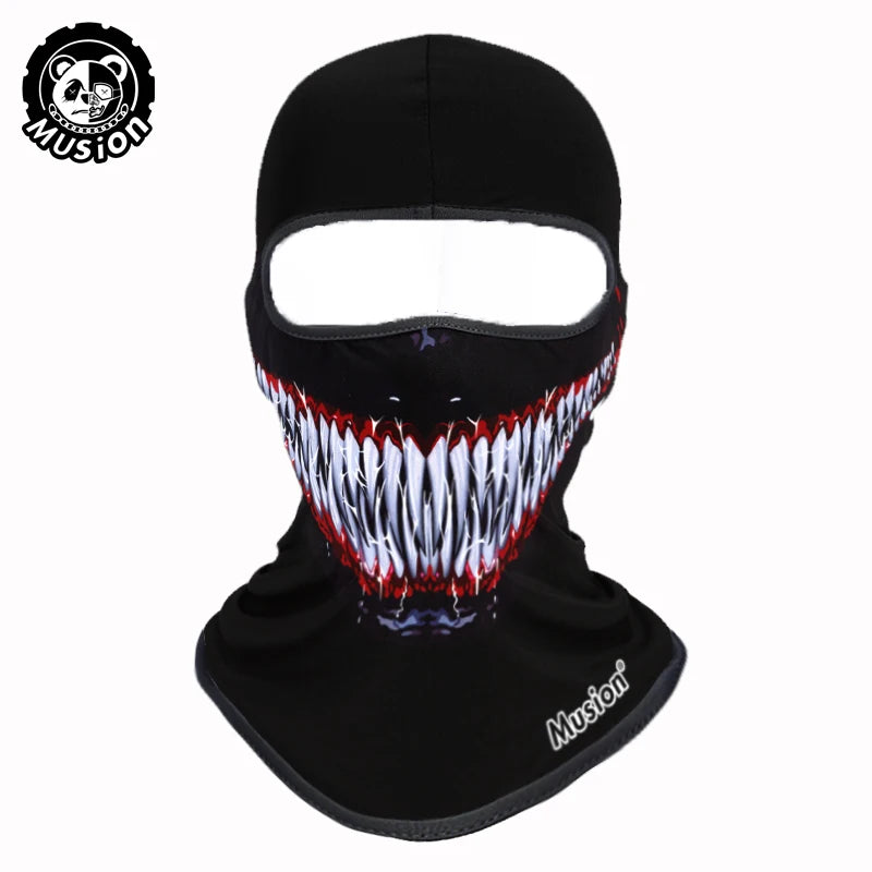 Black full face balaclava helmet liner featuring a striking red and white tiger-like facial pattern