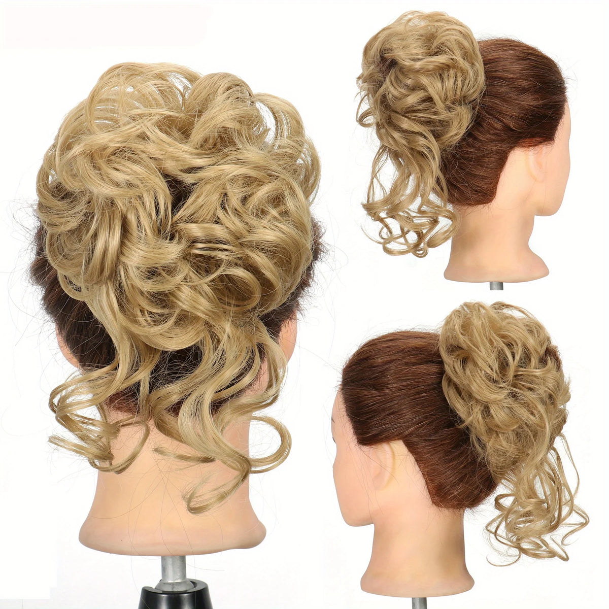 A woman's head showing a voluminous blonde curly hairstyle styled into a messy bun with synthetic hair scrunchies.