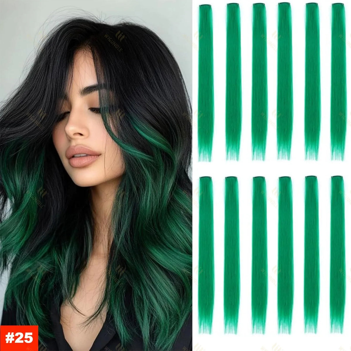 A woman models long, dark green hair extensions with vibrant teal tips.