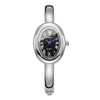 A silver-toned quartz watch bracelet featuring a round face with Roman numerals and a blue accent.