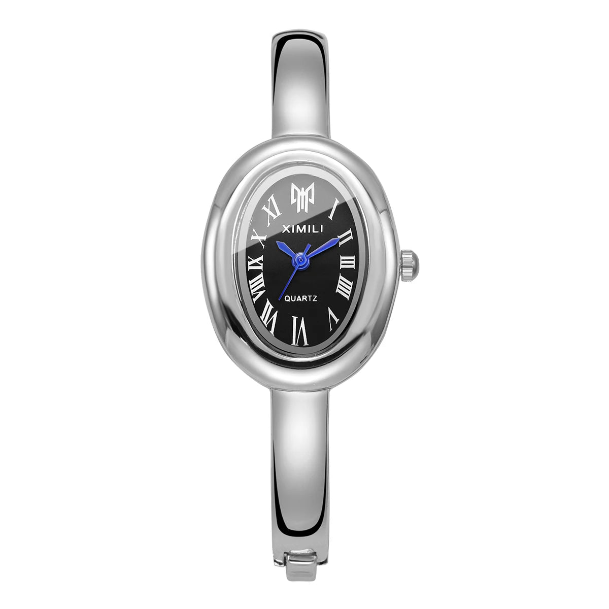 A silver-toned quartz watch bracelet featuring a round face with Roman numerals and a blue accent.
