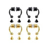 A pair of gold-toned hoop earrings and a pair of black hoop earrings.