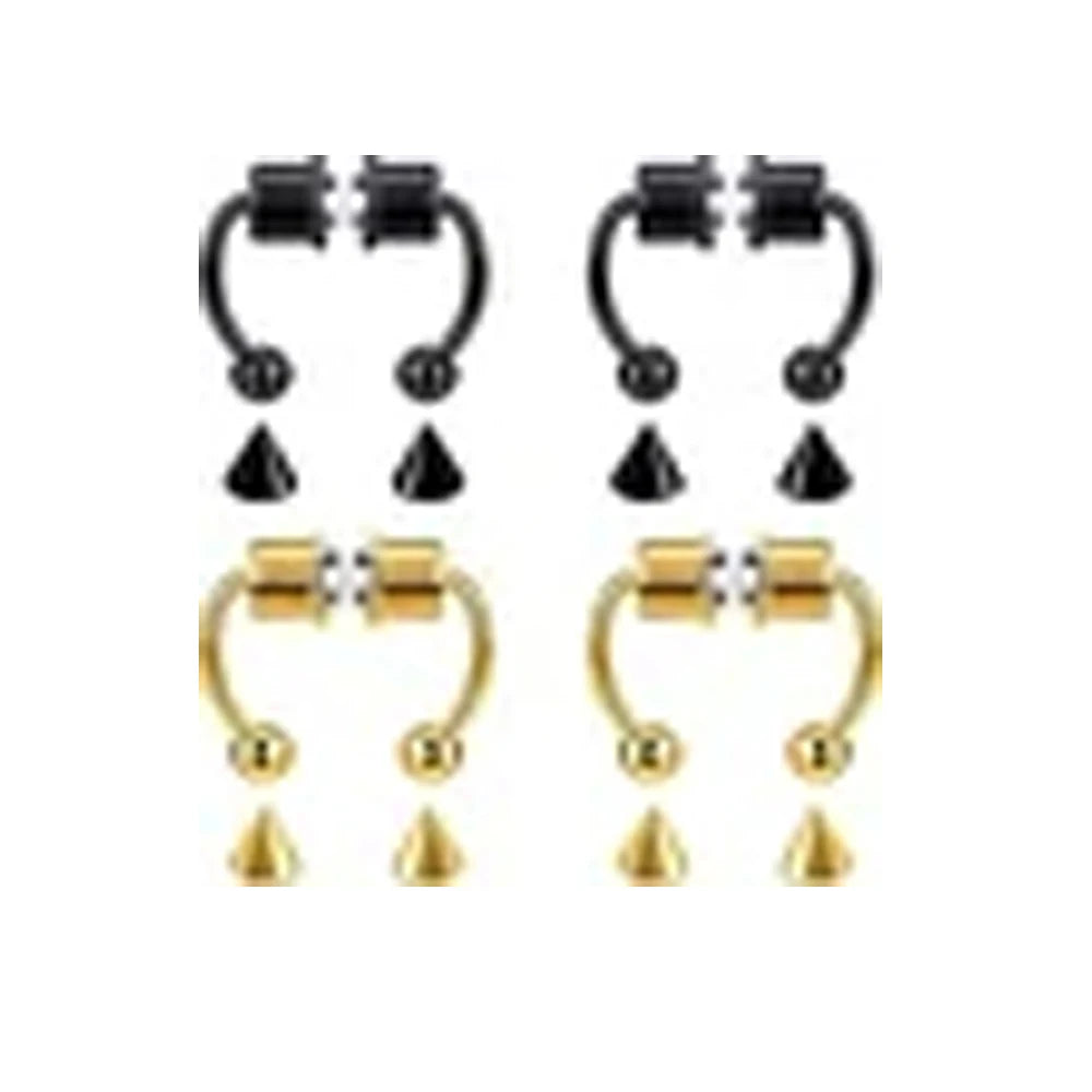 A pair of gold-toned hoop earrings and a pair of black hoop earrings.