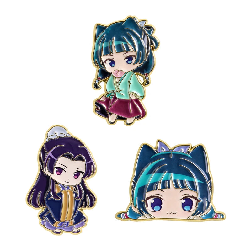 A lapel pin featuring a cute anime character with teal hair and green clothing.